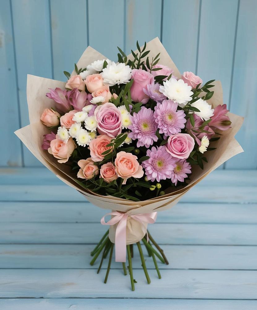 Букет цветов из: Хризантемы, Розы и Альстромерии в Красная Горка Республика Башкортостан