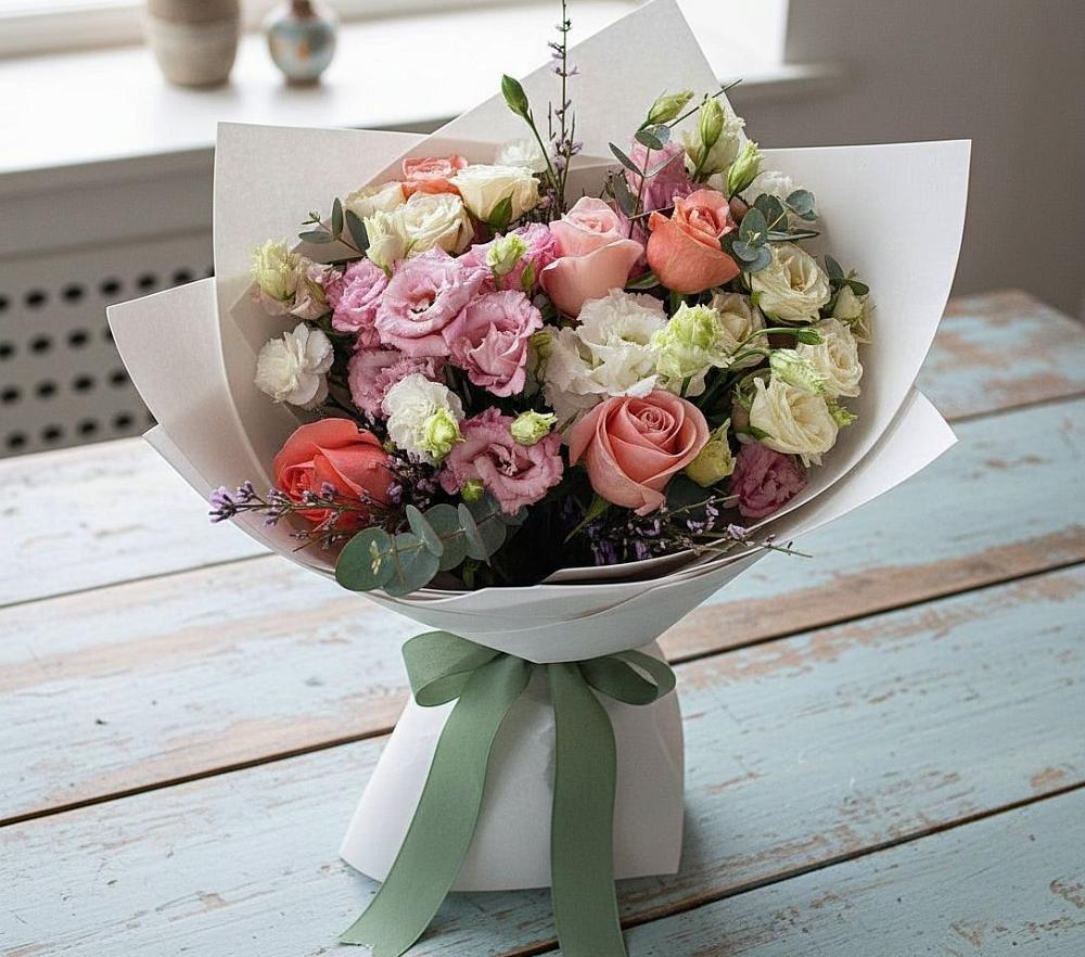 Букет цветов из: Розы, Лизиантусы и Гвоздики в Красная Горка Республика Башкортостан