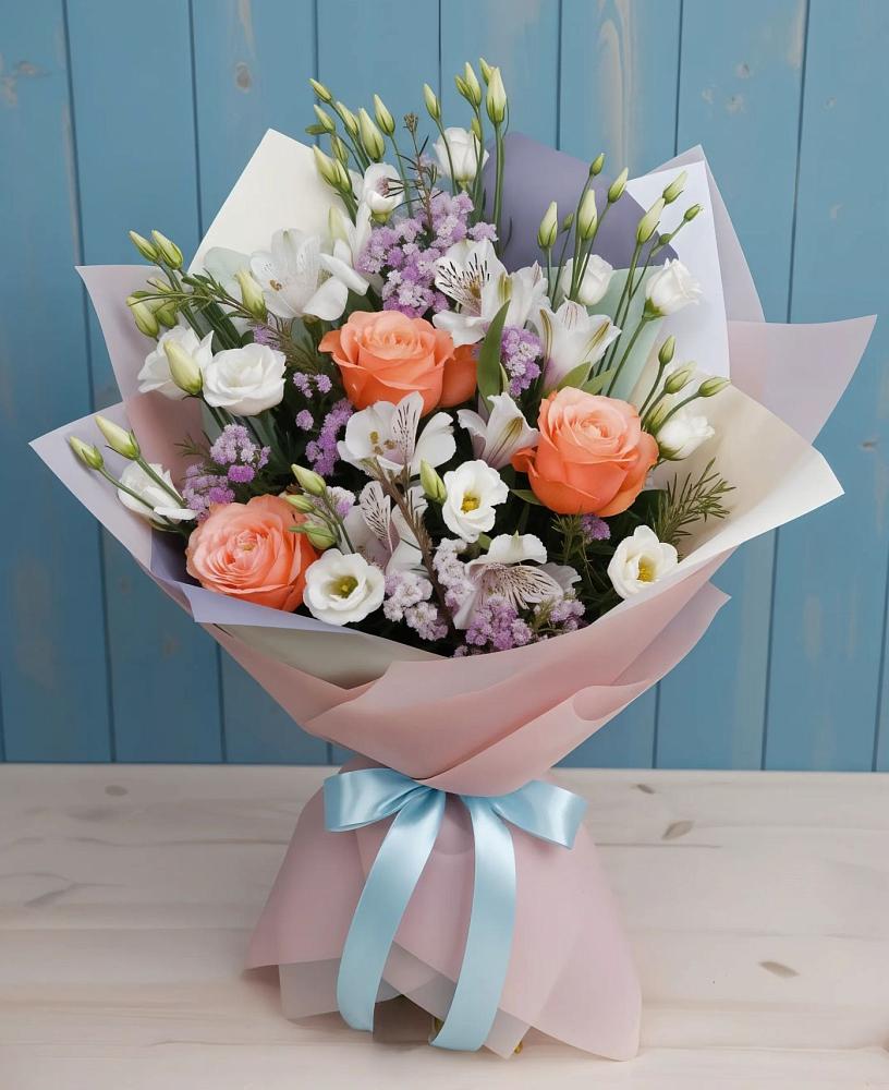 Букет цветов из: Лизиантусы, Розы, Альстромерии и Гипсофила в Красная Горка Республика Башкортостан